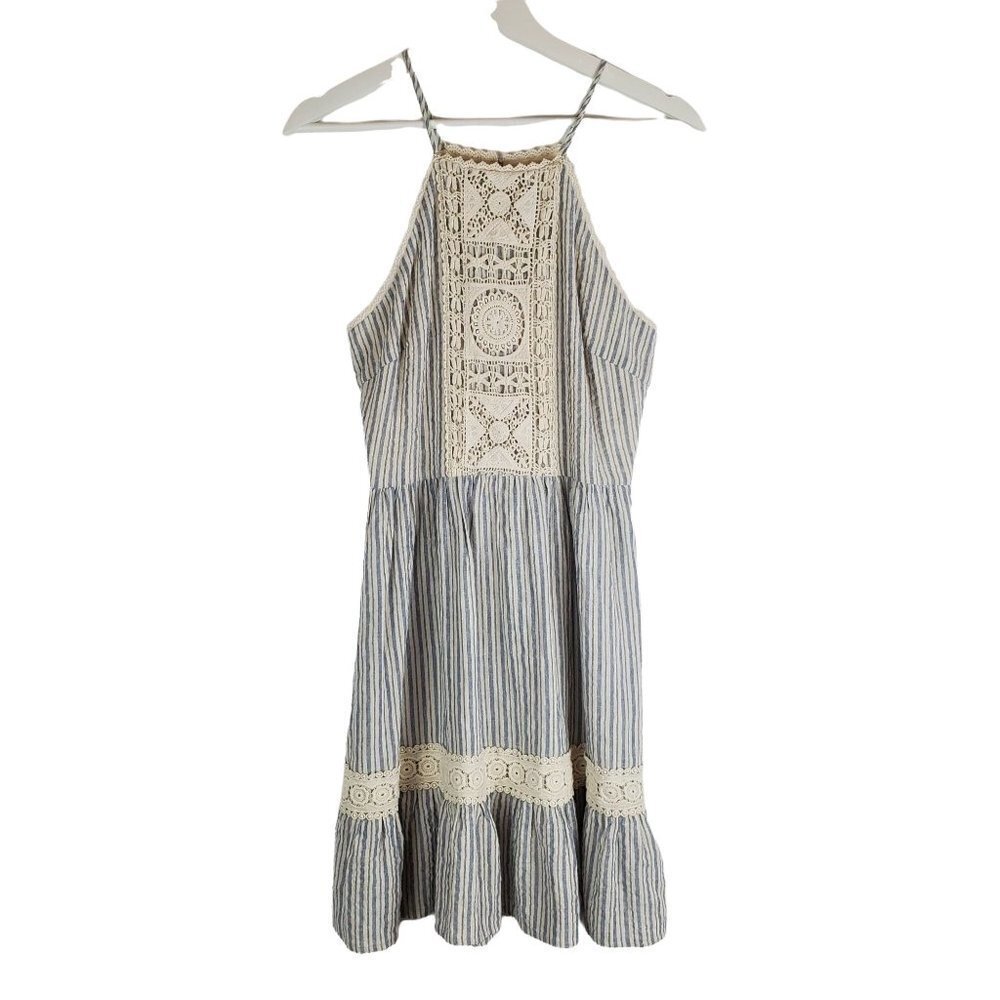 ALTAR'D State Small Mini Dress Blue Stripes Crochet Bodice Cottagecore‎ Peasant
